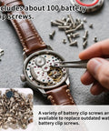 100 Piece Watch Battery Clamp Screws Set For Tiny Small Screws shown with open watch and repair tools.
