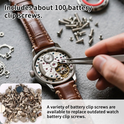 100 Piece Watch Battery Clamp Screws Set For Tiny Small Screws shown with open watch and repair tools.