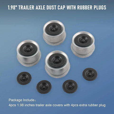 Top view of four silver 1.98-inch trailer axle dust caps with black rubber inserts and four extra rubber plugs