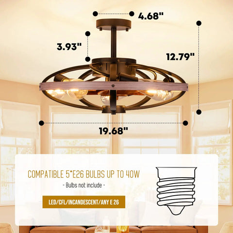 20 Inch Farmhouse Caged Ceiling Fan With Lights And Remote, Low-Profile Black Semi-Flush Mount, bulb specifications visible