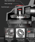 Close-up of internal components of 21V Brushless Cordless Angle Grinder With 3 Speed Settings And 180 Degree Swivel Head including alloy machine head and gears.