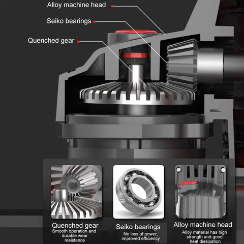 Close-up of internal components of 21V Brushless Cordless Angle Grinder With 3 Speed Settings And 180 Degree Swivel Head including alloy machine head and gears.