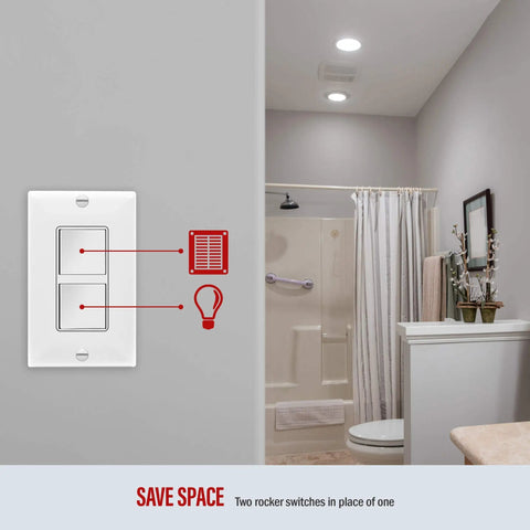 Go-To Dual Paddle Rocker Decorator Light Switch For Homes And Offices, Single Pole 15A 120-277VAC installed in bathroom.