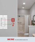 Double Paddle Rocker Decorator Switch Gloss White Clamp Type Wiring Copper Wires Only Single Pole Residential And Commercial Grade 15A 120 To 277VAC 5 Pack installed in bathroom.