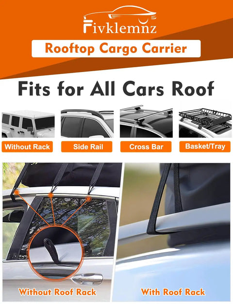 Rooftop Cargo Carrier Bag 30 Cubic Waterproof For All Vehicle Roofs, shown with and without roof rack installation.