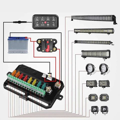 Wiring diagram of Eight Gang LED Touch Control Switch Panel With Dimmable Relay System for trucks and marine applications.