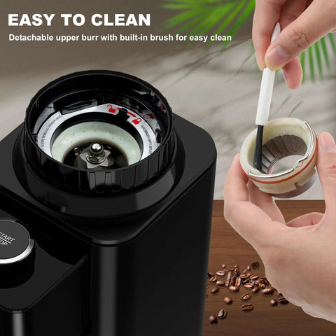 binROC Electric Conical Burr Coffee Grinder With Portafilter Holder In Sleek Black, showing detachable upper burr for cleaning.