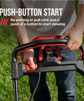 Top Shelf 40V Brushless Self Propelled Lawn Mower With 20 Inch Cutting Deck And Smart Caddy Storage featuring a push-button start for easy operation.