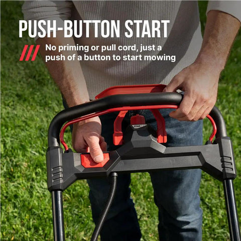 Top Shelf 40V Brushless Self Propelled Lawn Mower With 20 Inch Cutting Deck And Smart Caddy Storage featuring a push-button start for easy operation.
