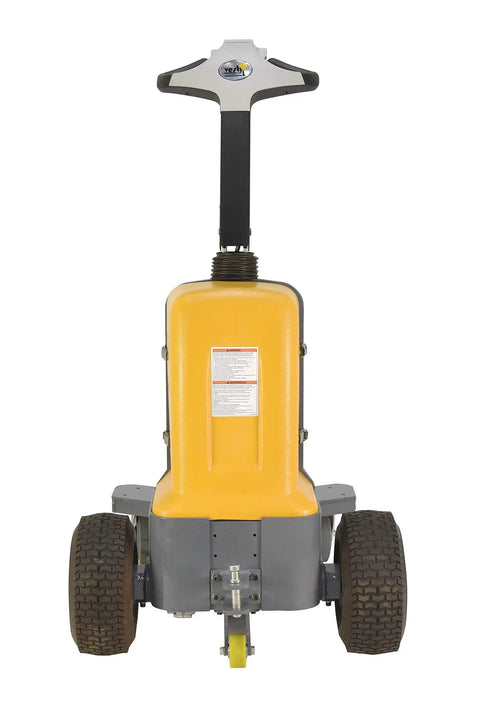 Heavy Duty Electric Powered Tugger With 3000 Lb Pull Capacity featuring ergonomic handle, yellow body, and robust tires.