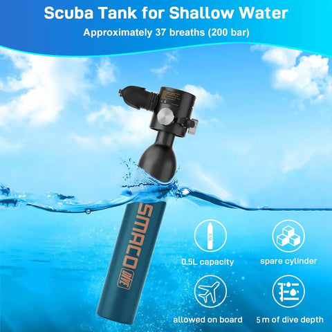 0.5L Portable Scuba Tank For Freediving And Snorkeling, Reusable Emergency Pony Bottle, Lightweight Aerospace Aluminum Air Cylinder, Built Tough Underwater Air Tank For Diving, DOT Certified S300 Plus displayed in water