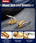 Two Pack Brass Locking Tire Air Chucks With Clip Adapter, detailed size dimensions, and features, on a textured surface.