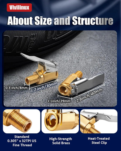 Two Pack Brass Locking Tire Air Chucks With Clip Adapter, detailed size dimensions, and features, on a textured surface.