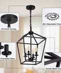 Dope Industrial Black Lantern Chandelier With Farmhouse Metal Cage, 4 Light Rustic Hanging Ceiling Fixture, Adjustable Chain, E12 Base