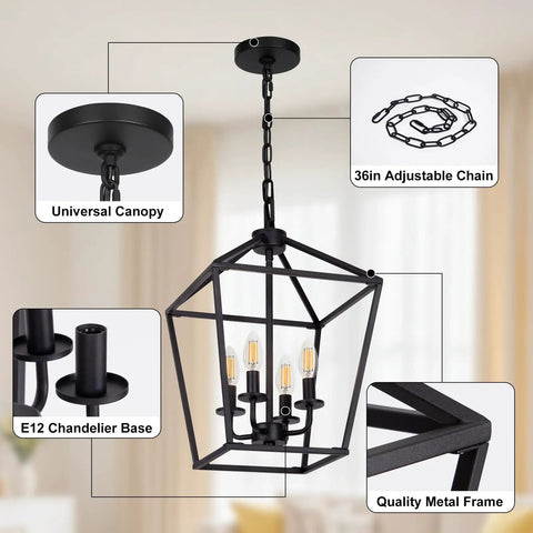 Dope Industrial Black Lantern Chandelier With Farmhouse Metal Cage, 4 Light Rustic Hanging Ceiling Fixture, Adjustable Chain, E12 Base