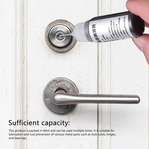 Applying Graphite Powder Lubricant For Locks And Hinges 15ml on door lock, non-greasy powder for smooth operation.