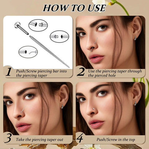 Step-by-step guide of Pro Grade 18G 16G Piercing Taper Set Insertion Tool Stainless Steel Hypoallergenic Threader Kit usage