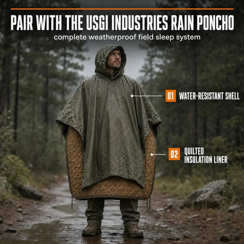 Woobie Blanket Insulated Water Resistant Poncho Liner, hooded in nature, showcasing quilted liner and water-resistant shell.