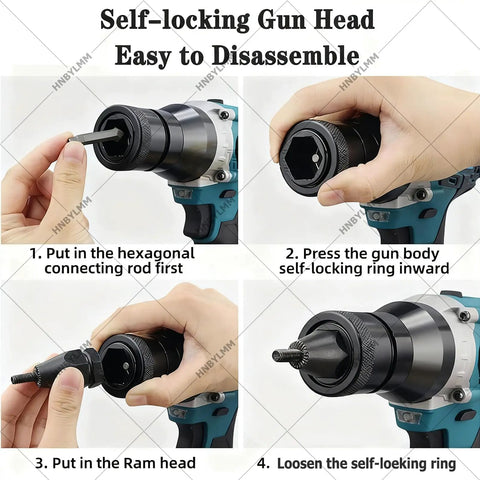 Cordless Electric Rivet Nut Gun Set With 5.2Ah Battery showing self-locking gun head disassembly process for easy use.