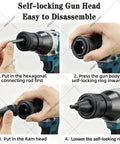 Self-locking gun head steps for the HNBYLMM Cordless Electric Rivet Gun Set, showing easy disassembly process.