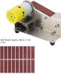 Pro 200W Mini Belt Sander Electric Polishing Grinder With Aluminum Alloy Frame, showing motor and 10 sanding belts arranged below.