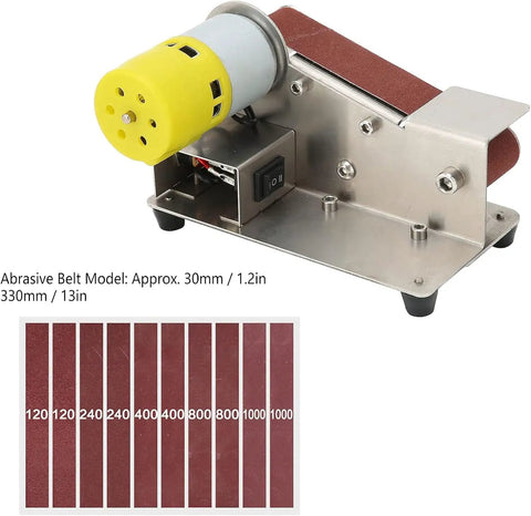 Pro 200W Mini Belt Sander Electric Polishing Grinder With Aluminum Alloy Frame, showing motor and 10 sanding belts arranged below.