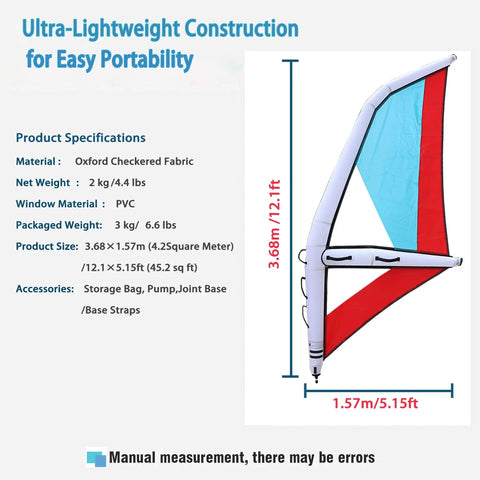 4.2 Square Meters Inflatable Wing Foil Sail For Wing Foiling, SUP And Kitesurfing, Ultra Portable Wind Wing dimensions and specs