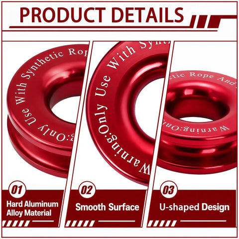 Two Pack Winch Snatch Recovery Ring Set 66,000 Lbs Heavy Duty Towing Ring For Soft Shackles And Synthetic Ropes Beefed Up For Off Road Recovery With ATV UTV SUV Truck Red, red aluminum alloy U-shaped rings