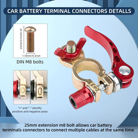 Beefy Quick Release Battery Terminal Connectors Kit With Red And Black Brass M8 X 25mm 24V 3A Push Button Manual Clamp