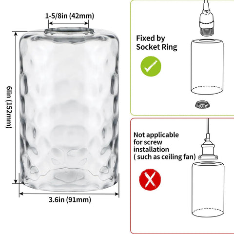 Hammered Glass Cylinder Shade Replacement For Wall Sconce Vanity Pendant Lights, 3.6 Inch Diameter X 6 Inch Height dimensions shown