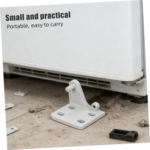 Rock Solid Metal Refrigerator Lower Hinge Assembly Two Piece Set For Freezer And Cooler Doors, showing a detailed hinge assembly on the floor.