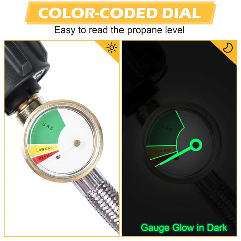 15 Inch RV Propane Hose With Gauge Stainless Steel Braided Camper Tank Line Pigtail With Color-Coded Dial Glow Feature
