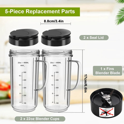Two Pack 22oz Tall Blender Cups With Handles And Flip Top To-Go Lids For 250W Magic Bullet MB1001 Blenders Replacement Parts
