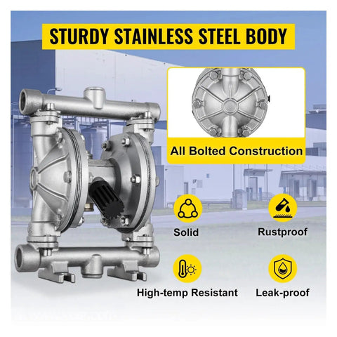 Stainless Steel Air Operated Double Diaphragm Pump With PTFE Diaphragms For Transfering Petroleum Oil And Chemicals Heavy Duty Self Priming Pneumatic Pump Up To 90 Psi