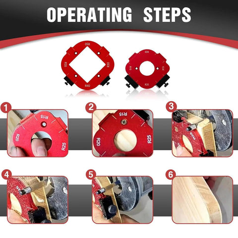 Steps using Router Corner Radius Template Set for Woodworking, Pro Grade Red Aluminum Jig With Guide Pin, R10 To R50.