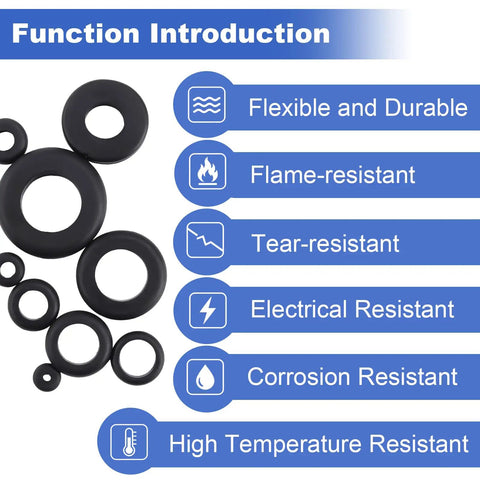 210 Piece Rubber Grommet Kit With Nine Sizes For Wiring, showing durability features and different size grommets.