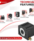 Technical diagram of 12V DC Solenoid Coil 16W With 8-32 Male Stud Brass Nuts for hydraulic systems and trailers.