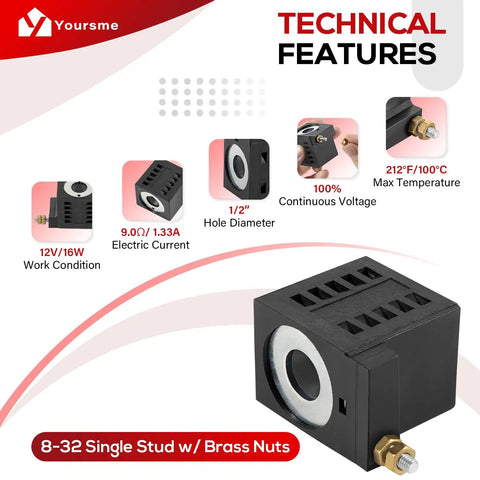 Technical diagram of 12V DC Solenoid Coil 16W With 8-32 Male Stud Brass Nuts for hydraulic systems and trailers.