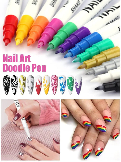 12 Color 3D Nail Art Pen Set For DIY Mani, vibrant ink pens for detailed designs, nail designs showcasing zebra and rainbow patterns