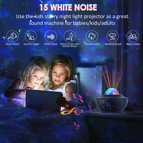 Children enjoying Starry Sky Projection Night Light With Remote Control Music Speaker And Timer Galaxy Projector in bedroom