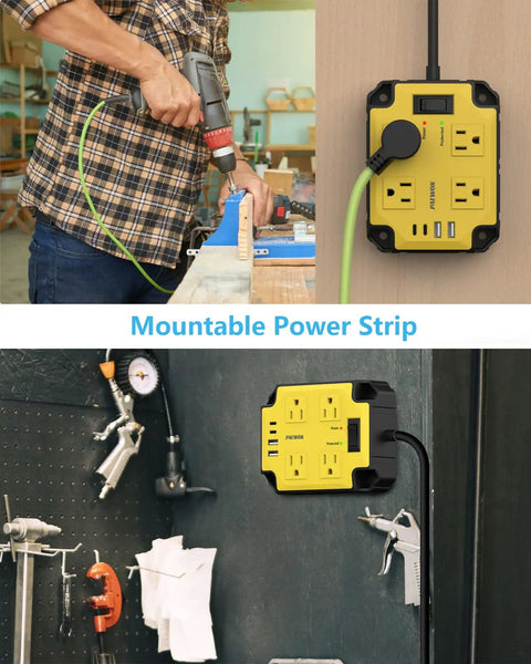 Magnetic Heavy Duty Power Strip With Eight Outlets And A 6.5 Foot Extension Cord Mountable On Metal Surfaces For Wall Or Workbench Use Wide Spaced 3 Sided Design Keeps Big Adapters Accessible on workshop wall