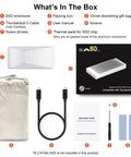 Contents of Fanless Thunderbolt 5 Nvme Enclosure For Pcie M2 Drives Up To 8tb with accessories like cable, manual, and thermal pads