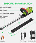 20 Inch Cordless Hedge Trimmer With 20V Power, Dual Action Laser Blade Delivers 1400 RPM, green and black trimmer parts shown