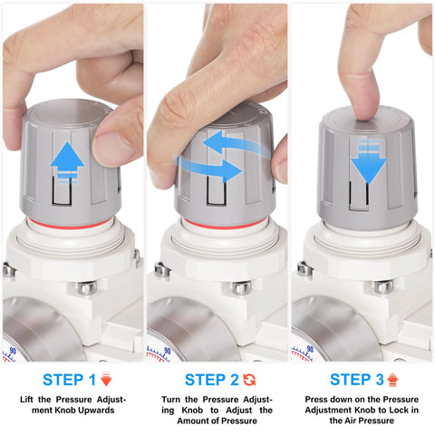 Steps to adjust pressure on One Quarter Inch NPT Automatic Drain Air Filter And Pressure Regulator Combo with Gauge.