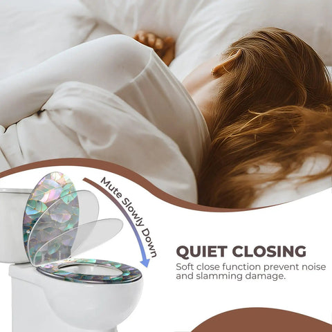 Toilet Seat Round Resin for Bathroom with soft close feature, colorful design, and adjustable fitting options on a toilet.