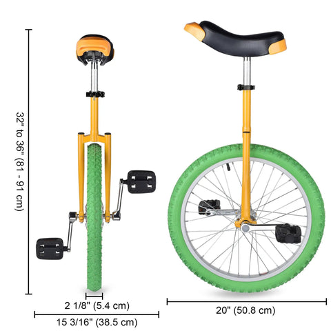 20 Inch Outdoor Unicycle With Adjustable Seat For Adults And Kids, yellow green frame and rim, side and front view, size details
