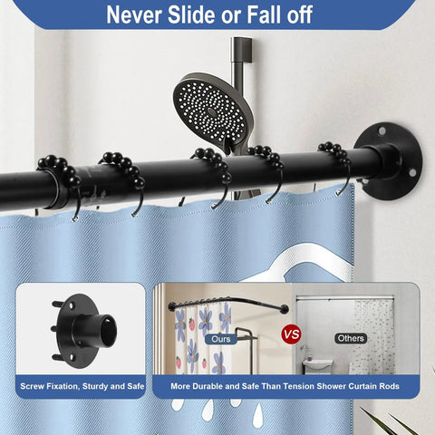 Rock Solid Black Corner Shower Curtain Rod, Adjustable 24 To 53 Inches, L Shaped 90 Degree With Ceiling Support, Includes 12 Ring Hooks, No Slip Installation For A Strong Bathroom Upgrade.