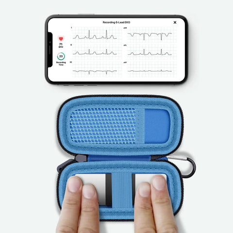 Hard Travel Case For KardiaMobile EKG Monitors 1 Lead 6L 6L Max with phone showing EKG graph and case open to display interior mesh.