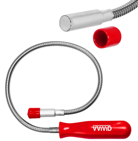 Magnetic Grabber Tool With 3 Lbs Lifting Capacity And 23 Inch Flexible Steel Shaft showing red handle and magnet end