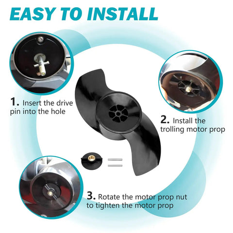 Trolling Motor Propeller Replacement For MotorGuide Katana Two Blade 3.5 Inch Hub 10.25 Inch Diameter Drill Propeller Replacement Part Easy Install Beefed Up For Rough Waters showing installation steps.